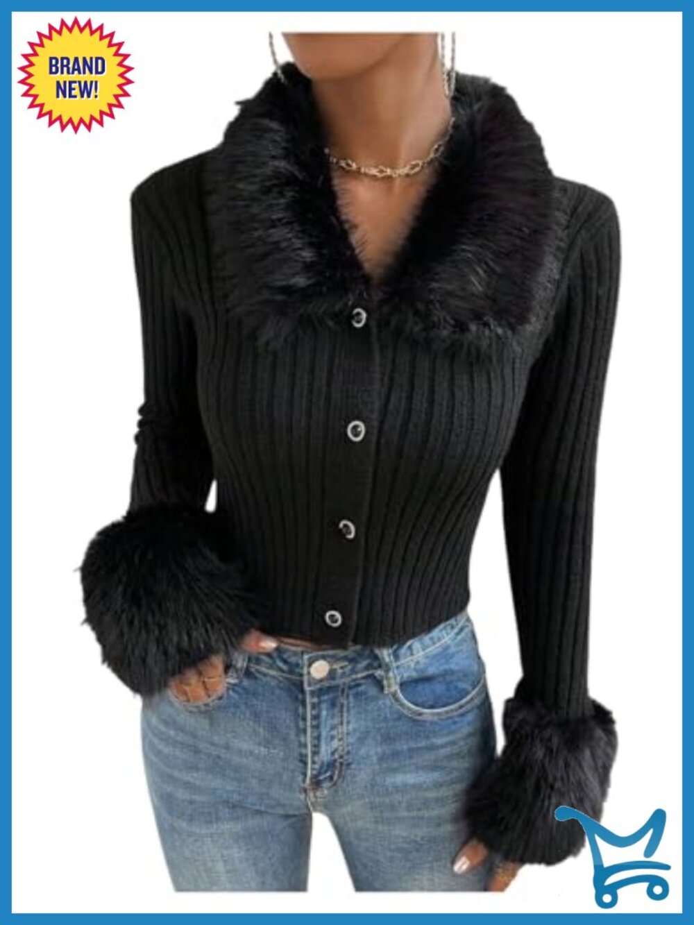 Faux Fur Collared Button Down Cardigan Sweater Long Sleeve Knit Outerwear